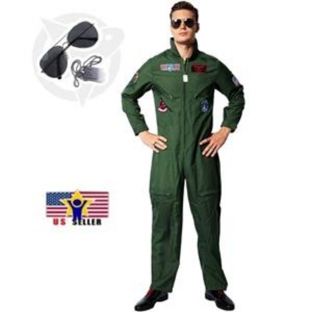 Top Gun Costume Adult Maverick Flight Jump Suit Mens Union Green Pilot Cosplay